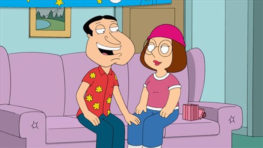 Teenage female characters are sexual fodder for network TV, especially sitcoms, according to Parents Television Council. (Shown here: teen character Meg, right, and Quagmire, in a scene from Fox's "Family Guy." (AP Photo/Fox)