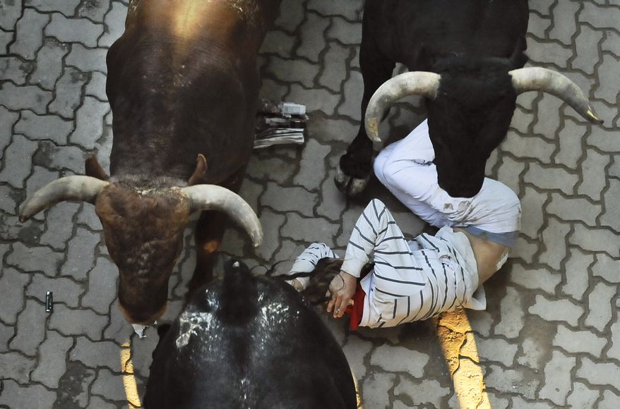 A man tries to shield himself as "Miura" fighting bulls pass him during the final running of the bulls at the San Fermin festival in Pamplona, Spain, on Sunday, July 14, 2013. Revelers from around the world arrive in Pamplona every year to take part in the eight days of the running of the bulls, glorified by Ernest Hemingway's 1926 novel, "The Sun Also Rises." (AP Photo/Alvaro Barrientos)