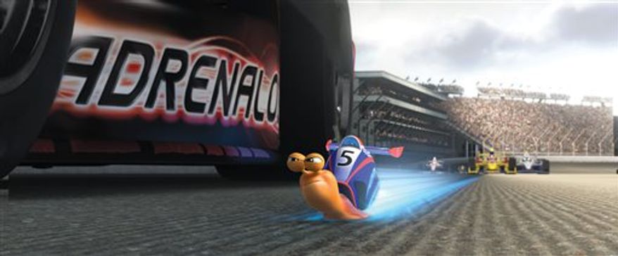 This image shows Turbo, voiced by Ryan Reynolds, in a scene from the animated movie "Turbo," about an underdog snail whose dreams kick into overdrive when he miraculously attains the power of super-speed. (AP Photo/DreamWorks Animation)