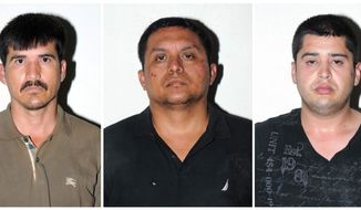 In this combo of three photos released on Tuesday, July 16, 2013, by the Mexican Navy, are Zetas drug cartel leader Miguel Angel Trevino Morales, center, Ernesto Reyes Garcia, left, and Abdon Federico Rodriguez Garcia, right, after their arrests in Mexico. Trevino Morales, 40, was captured before dawn Monday by Mexican marines who intercepted a pickup truck with $2 million in cash in the countryside outside the border city of Nuevo Laredo. (AP Photo/Mexican Navy)