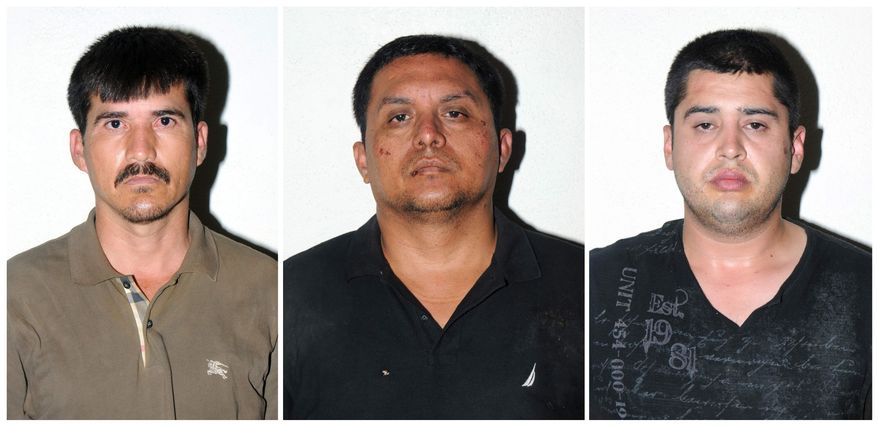 In this combo of three photos released on Tuesday, July 16, 2013, by the Mexican Navy, are Zetas drug cartel leader Miguel Angel Trevino Morales, center, Ernesto Reyes Garcia, left, and Abdon Federico Rodriguez Garcia, right, after their arrests in Mexico. Trevino Morales, 40, was captured before dawn Monday by Mexican marines who intercepted a pickup truck with $2 million in cash in the countryside outside the border city of Nuevo Laredo. (AP Photo/Mexican Navy)