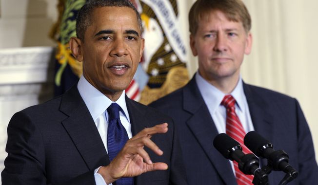 President Obama (left) speaks as Richard Cordray, the newly confirmed director of the Consumer Financial Protection Bureau, looks on in the State Dining Room of the White House in Washington on Wednesday, July 17, 2013. The Senate voted on Tuesday to end a two-year Republican blockade that was preventing Mr. Cordray from winning confirmation. (AP Photo/Susan Walsh)