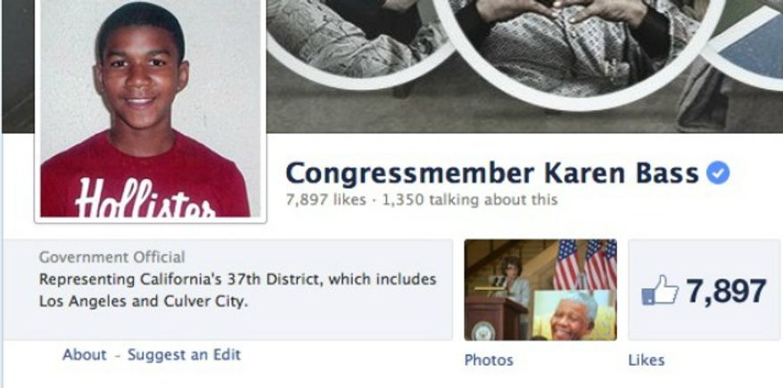 Democratic Congressman Karen Bass from California has changed here social media pages to images of Trayvon Martin, the young man who was killed by George Zimmerman during an altercation. (Facebook)