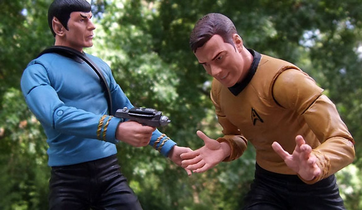 Diamond Select Toys&#x27; Mr. Spock aims his phaser at Captain Kirk before he starts singing another Elton John song. (Photo by Joseph Szadkowski / The Washington Times)