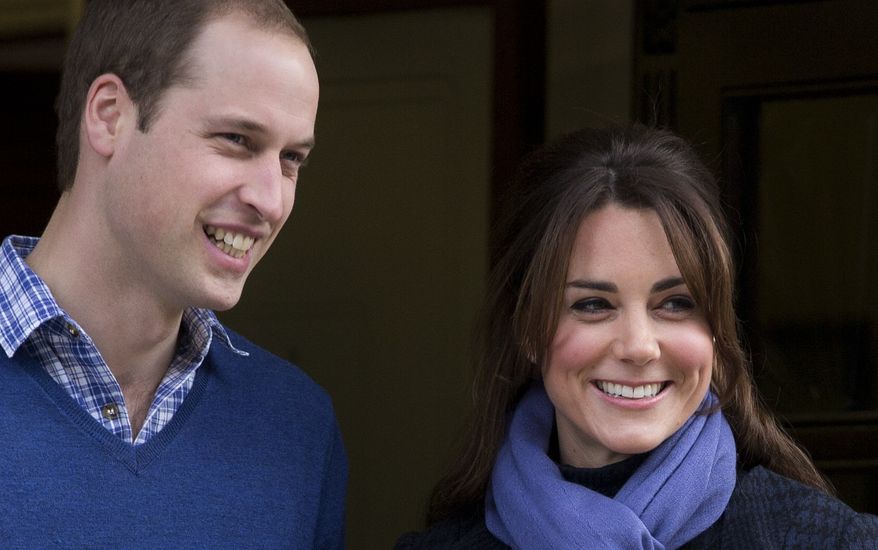 ** FILE ** Britain's Prince William and wife Kate, Duchess of Cambridge, leave the King Edward VII Hospital in central London on Thursday, Dec. 6, 2012. The duchess was admitted to the hospital when she suffered acute morning sickness in her pregnancy. She has entered the early stages of labor, it was announced on Monday, July 22, 2013. (AP Photo/Alastair Grant)