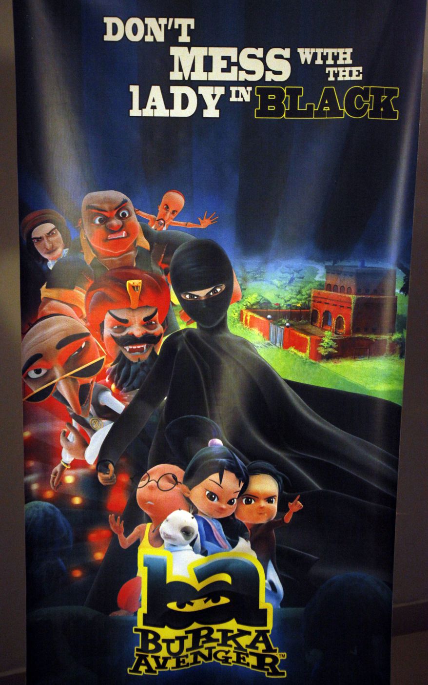 A poster of animated Burka Avenger series is displayed at an office in Islamabad, Pakistan, Wednesday, July 24, 2014. Wonder Woman and Supergirl now have a Pakistani counterpart in the pantheon of female superheroes _ one who shows a lot less skin. Meet Burka Avenger: a mild-mannered teacher with secret martial arts skills who uses a flowing black burka to hide her identity as she fights local thugs seeking to shut down the girls' school where she works. Sadly, it's a battle Pakistanis are all too familiar with in the real world.(AP Photo/Anjum Naveed)