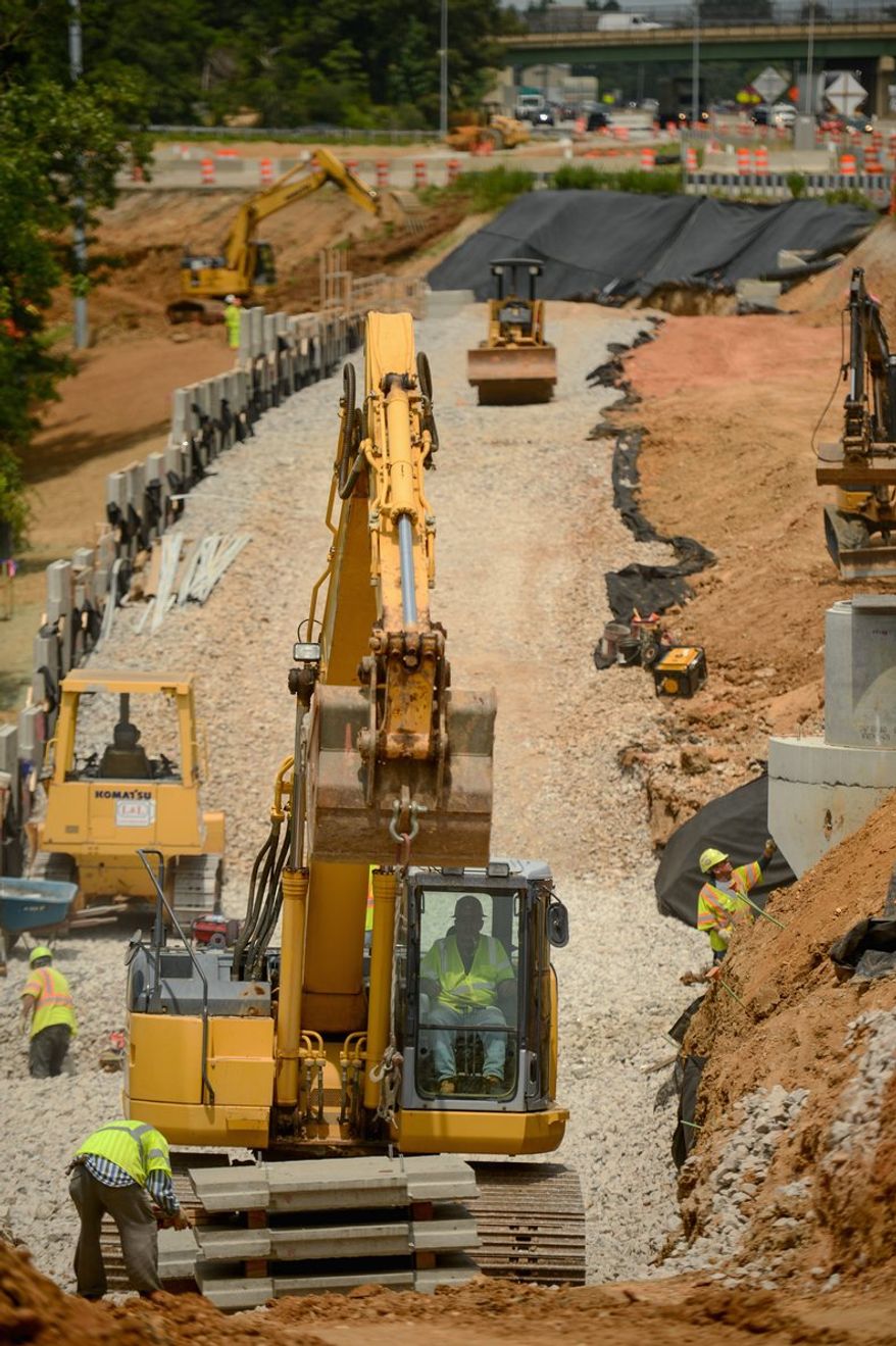 A ramp is being built from the Fairfax County Parkway to carry traffic into the new I-95 lanes in Newington.
(Andrew Harnik/The Washington Times)