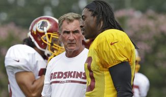 Washington Redskins quarterback Robert Griffin III, right, talks with head coach Mike Shanahan, during the NFL football teams training camp in Richmond, Va. Saturday, July 27, 2013. (AP Photo/Steve Helber)