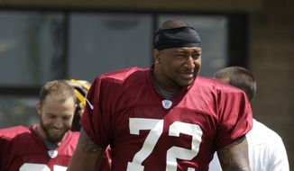 Washington Redskins defensive end Stephen Bowen (72) walks to the field during the second day of the NFL football teams training camp in Richmond, Va. Friday, July 26, 2013. (AP Photo/Steve Helber)