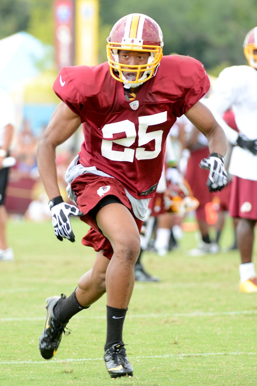 Washington Redskins cornerback Chase Minnifield (25) participates in afternoon practice at the Bon Secours Washington Redskins Training Center, Richmond, Va., Tuesday, July 30, 2013. (Andrew Harnik/The Washington Times)