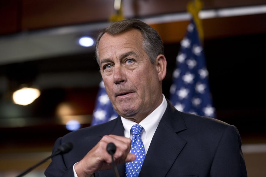 House Speaker John Boehner of Ohio gestures during a news conference on Capitol Hill in Washington, Thursday, Aug. 1, 2013. On Friday, the House voted for the 40th time to overturn President Barack Obama’s health care law. (AP Photo/J. Scott Applewhite)