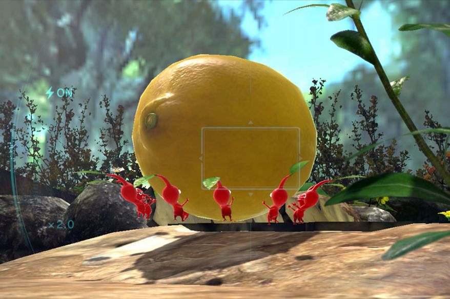 Red Pikmin struggle with carrying a Face Wrinkler in the video game Pikmin 3.