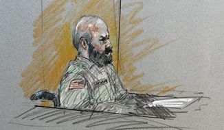 In this courtroom sketch, Maj. Nidal Malik Hasan sits in court for his court-martial Tuesday, Aug. 6, 2013, in Forth Hood, Texas. Hasan is representing himself against charges of murder and attempted murder for the 2009 attack that left 13 people dead at Forth Hood. (AP Photo/Brigitte Woosley)