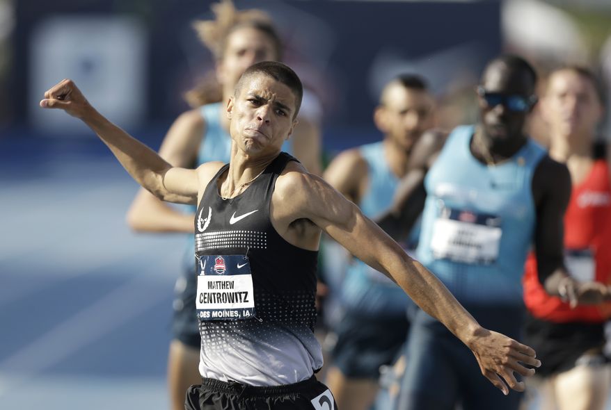 **FILE** Matthew Centrowitz reacts as he wins the senior men's 1500-meter run at the U.S. Championships athletics meet, Saturday, June 22, 2013, in Des Moines, Iowa. (AP Photo/Charlie Neibergall)
