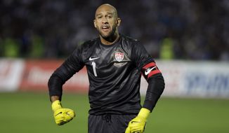 USA goalkeeper Tim Howard reacts during the friendly soccer match against Bosnia in Sarajevo, Bosnia, on Wednesday, Aug. 14, 2013. (AP Photo/Amel Emric)