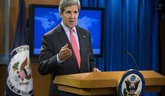 Secretary of State John Kerry speaks about the ongoing situation in Egypt before the start of a press briefing at the State Department in Washington on Aug. 14, 2013. Kerry said the violence in Egypt is deplorable and is a serious blow to reconciliation efforts. (Associated Press)