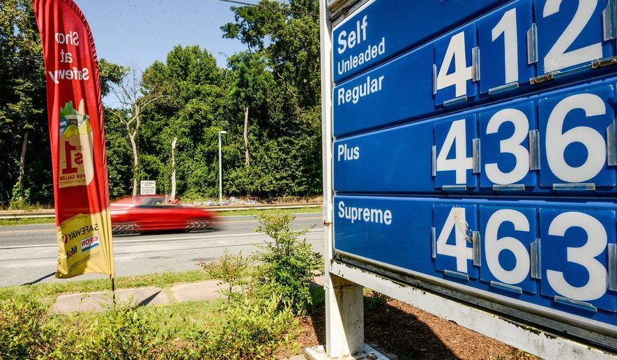 Gasoline prices in Maryland, as displayed at a station on MacArthur Boulevard in Bethesda, are up after the tax was raised. (Andrew Harnik/The Washington Times)