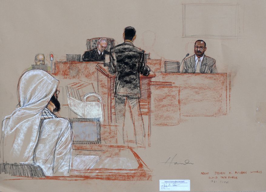 In this pool photo of a sketch by courtroom artist Janet Hamlin and reviewed by the U.S. Department of Defense, U.S. federal agent Stephen McClain (far right), with the Criminal Investigative Task Force of the Department of Defense, testifies about his 2007 interrogation of detainee Mustafa al-Hawsawi, seen at left wearing a neck brace, during the pretrial hearings at the Guantanamo Bay U.S. Naval Base in Cuba on Aug. 19, 2013. Five Guantanamo Bay prisoners accused of helping orchestrate the Sept. 11 terrorist attacks returned to court as arguments resumed. Lawyers for the five prisoners, who face charges that include murder and terrorism, began to challenge the statements made by U.S. federal agents such as McClain and James Fitzgerald of the FBI, who defended their interrogation of al-Hawsawi. (Associated Press)