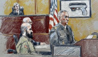 **FILE** In this file courtroom sketch from Aug. 6, 2013, military prosecutor Col. Steve Henricks (right) speaks as Nidal Malik Hasan (center) and presiding judge Col. Tara Osborn look on during Hasan&#39;s court-martial in Fort Hood, Texas. (Associated Press)
