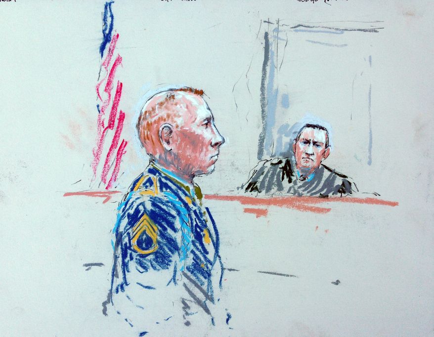 **FILE** In this courtroom sketch, Staff Sgt. Robert Bales (left) appears before Judge Col. Jeffery Nance in a courtroom at Joint Base Lewis-McChord, Wash., on Aug. 20, 2013, during a sentencing hearing in the slayings of 16 civilians killed during pre-dawn raids on two villages on March 11, 2012. (Associated Press)