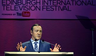 Double-Oscar winner Kevin Spacey at a rehearsal before delivering the keynote speech to the James MacTaggart Memorial Lecture at the Edinburgh television festival on Thursday. (AP Photo/ David Cheskin/PA) 
