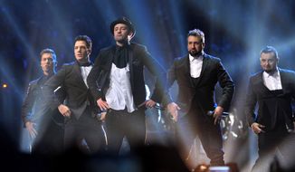 The former boy band &#39;N Sync — (from left) Lance Bass, JC Chasez, Justin Timberlake, Joey Fatone and Chris Kirkpatrick — perform at the MTV Video Music Awards at Barclays Center on Sunday, Aug. 25, 2013, in the Brooklyn borough of New York. (AP Photo/MTV, John Shearer)