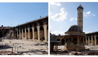 This combination of two citizen journalist images shows at left: the damaged 12th century Umayyad mosque without the minaret, which was destroyed by shelling in Aleppo, Syria, Wednesday April 24, 2013; and at right, an undated view of the mosque with is minaret still intact. (AP Photo/Aleppo Media Center, AMC, FILE)