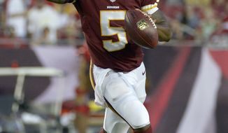 Washington Redskins quarterback Pat White (5) looks for an open receiver against the Tampa Bay Buccaneers during the first quarter of an NFL preseason football game Thursday, Aug. 29, 2013, in Tampa, Fla. (AP Photo/Phelan M. Ebenhack)