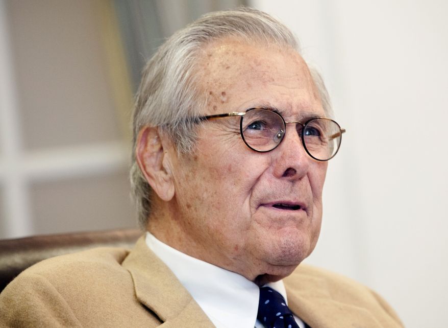 Former Secretary of Defense Donald Rumsfeld, shown here speaking at the Gerald R. Ford Presidential Museum in Grand Rapids, Mich., in 2013. (AP Photo/The Grand Rapids Press, Emily Zoladz) ALL LOCAL TV OUT; LOCAL TV INTERNET OUT