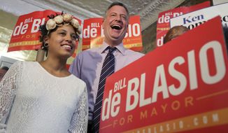Democratic mayoral hopeful Bill de Blasio, with his daughter, Chiara, campaigns at a rally in the Brooklyn borough of New York on Saturday, Sept. 7, 2013. The Democratic primary election is Tuesday. (AP Photo/Mary Altaffer)