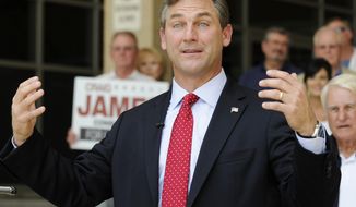 **FILE** Craig James, Texas Republican and U.S. Senate candidate, speaks at a press conference in Houston on May 24, 2012. (Associated Press)