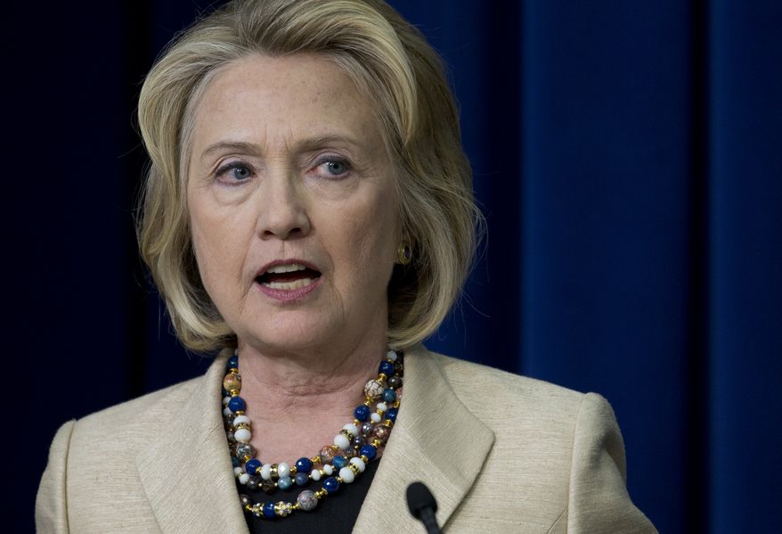 ** FILE ** Former Secretary of State Hillary Rodham Clinton speaks about Syria on Sept. 9, 2013, in the South Court Auditorium on the White House Complex in Washington, during a the White House Forum to Combat Wildlife Trafficking. Clinton said any move by Syria to surrender its chemical weapons to international control would be an "important step." (Associated Press)