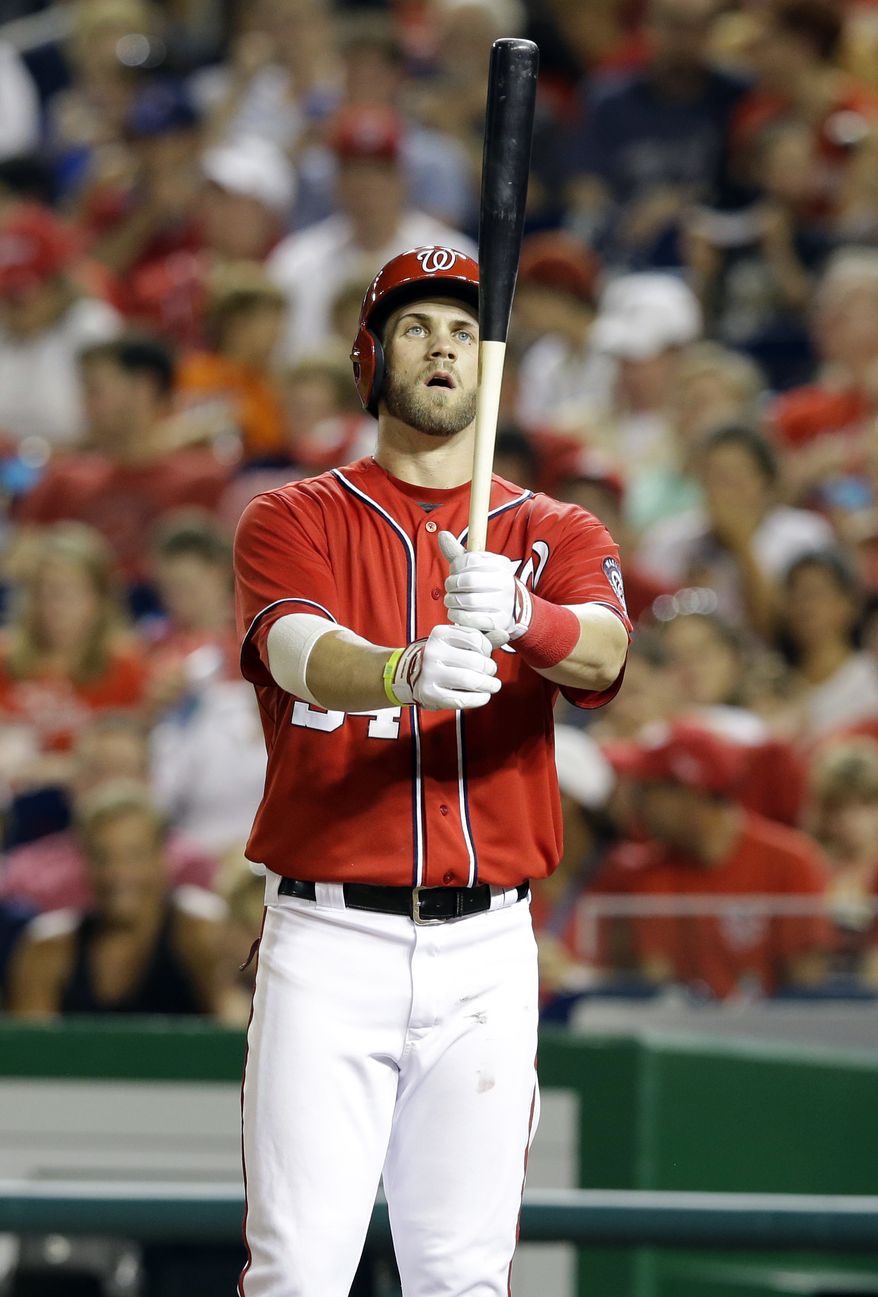 **FILE** Washington Nationals center fielder Bryce Harper (34) prepares to bat during a baseball game against the New York Mets at Nationals Park Sunday, Sept. 1, 2013, in Washington. (AP Photo/Alex Brandon)