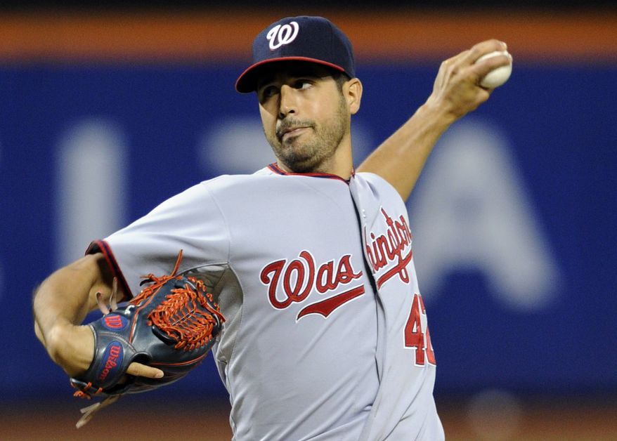 Washington Nationals pitcher Gio Gonzalez delivers the ball to the New York Mets during the first inning of a baseball game, Monday, Sept. 9, 2013, in New York. (AP Photo/Bill Kostroun)
