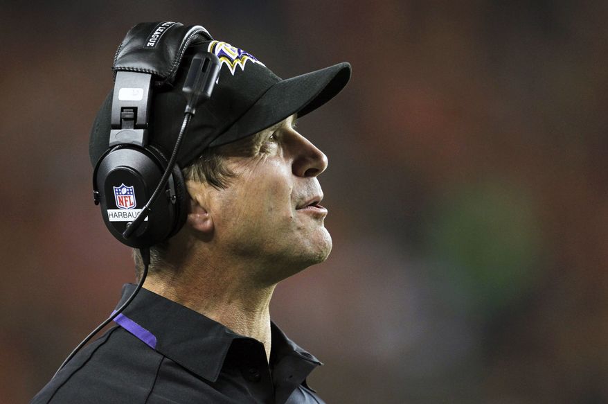 Baltimore Ravens head coach John Harbaugh looks upward during the second half of an NFL football game against the Denver Broncos, Thursday, Sept. 5, 2013, in Denver. (AP Photo/Joe Mahoney)