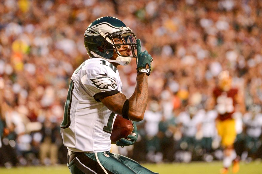 Philadelphia Eagles wide receiver DeSean Jackson (10) celebrates after catching a 25 yard touchdown in the first quarter as the Washington Redskins play the Philadelphia Eagles in Monday Night NFL football at FedExField, Landover, Md., Monday, September 9, 2013. (Andrew Harnik/The Washington Times)