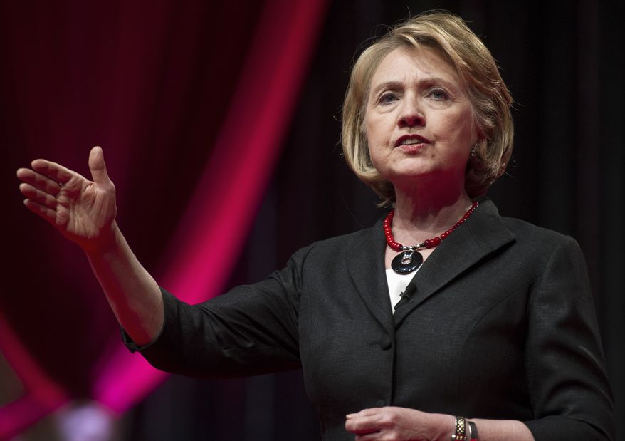 **FILE** Former Secretary of State Hillary Rodham Clinton speaks in Washington on July 16, 2013. (Associated Press)