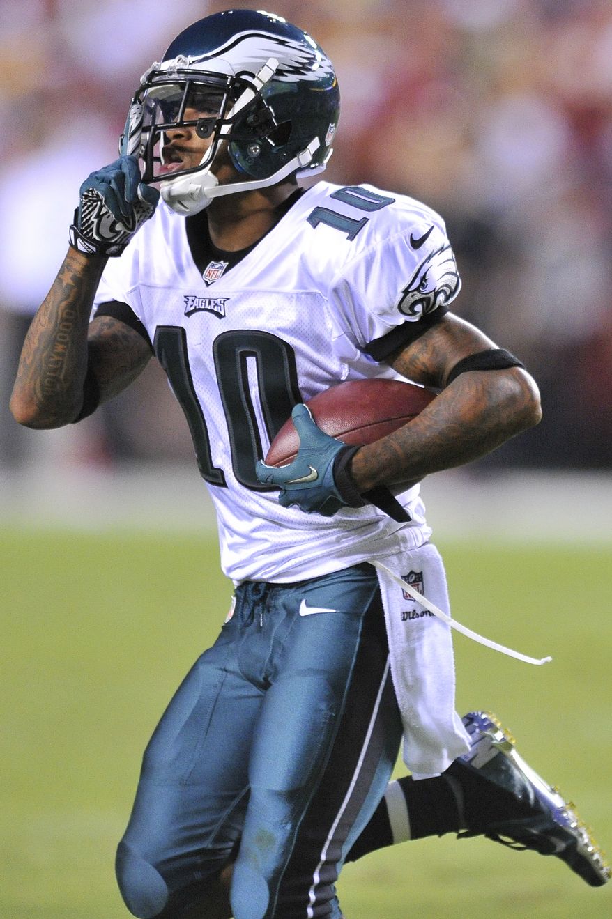 Philadelphia Eagles wide receiver DeSean Jackson (10) shushes the Redskins crowd after scoring a first quarter touchdown as the Washington Redskins play the Philadelphia Eagles in Monday Night NFL football at FedExField, Landover, Md., Monday, September 9, 2013. (Preston Keres / For The Washington Times)