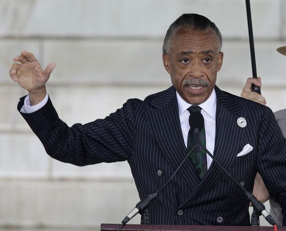 ** FILE ** The Rev. Al Sharpton, founder and president of the National Action Network, speaks at the Let Freedom Ring ceremony at the Lincoln Memorial in Washington on Wednesday, Aug. 28, 2013, to commemorate the 50th anniversary of the 1963 March on Washington for Jobs and Freedom. (Associated Press)
