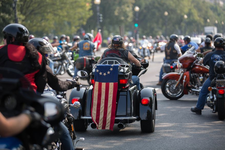 Hundreds of motorcycle riders from across the country ride into the district, causing large traffic jams, in Washington, DC., Wednesday, September 11, 2013. (Andrew S Geraci/The Washington Times)