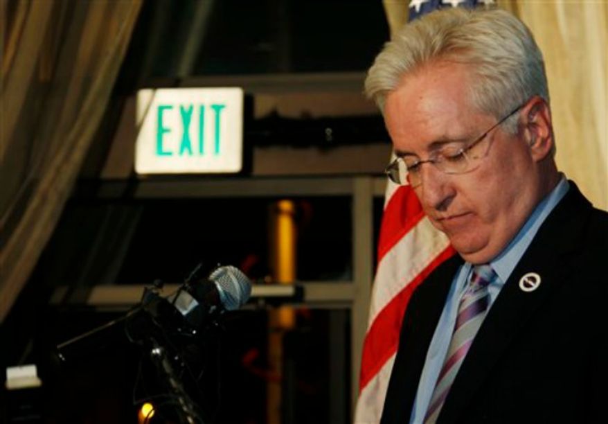 Colorado Senate President John Morse, D-Colorado Springs, concedes defeat in his legislative recall race in Colorado Springs, Colo., on Tuesday, Sept. 10, 2013. Morse and Sen. Angela Giron, of Pueblo, who voted for new firearms restrictions in the state, faced the first legislative recalls in state history. (AP Photo/David Zalubowski)