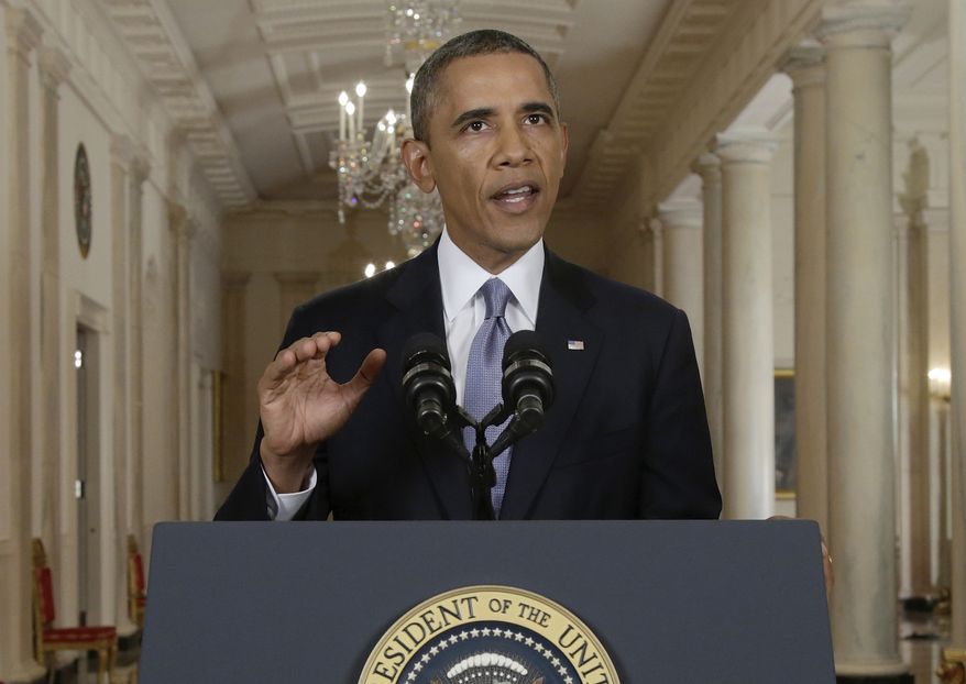 President Obama addresses the nation in a live televised speech from the East Room of the White House in Washington on Tuesday, Sept. 10, 2013. The president blended the threat of military action with the hope of a diplomatic solution as he works to strip Syria of its chemical weapons. (AP Photo/Evan Vucci, Pool)