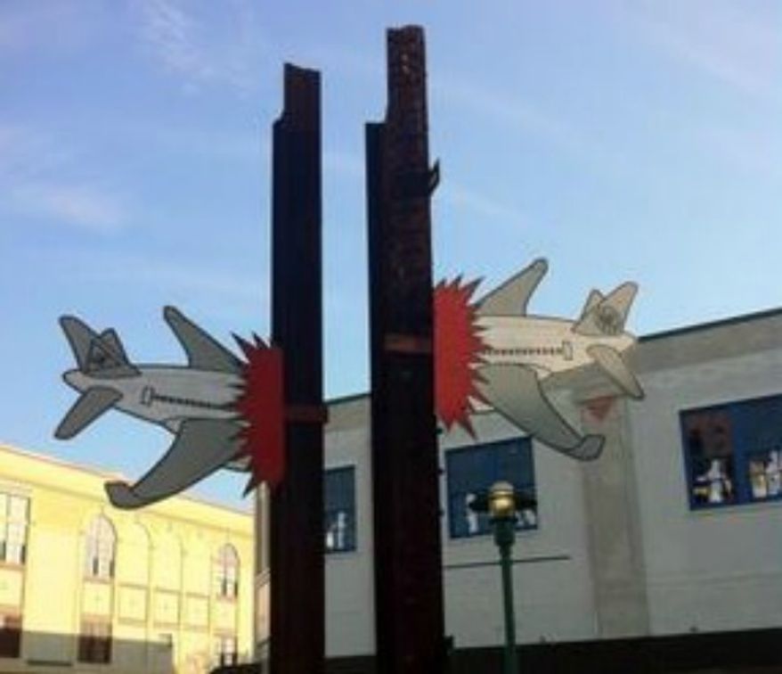 Cardboard cutout 3D graffiti of crashing planes was connected to a 9-11 Memorial in downtown Lafayette, La. (Image: KATC 3 News Lafayette screenshot)