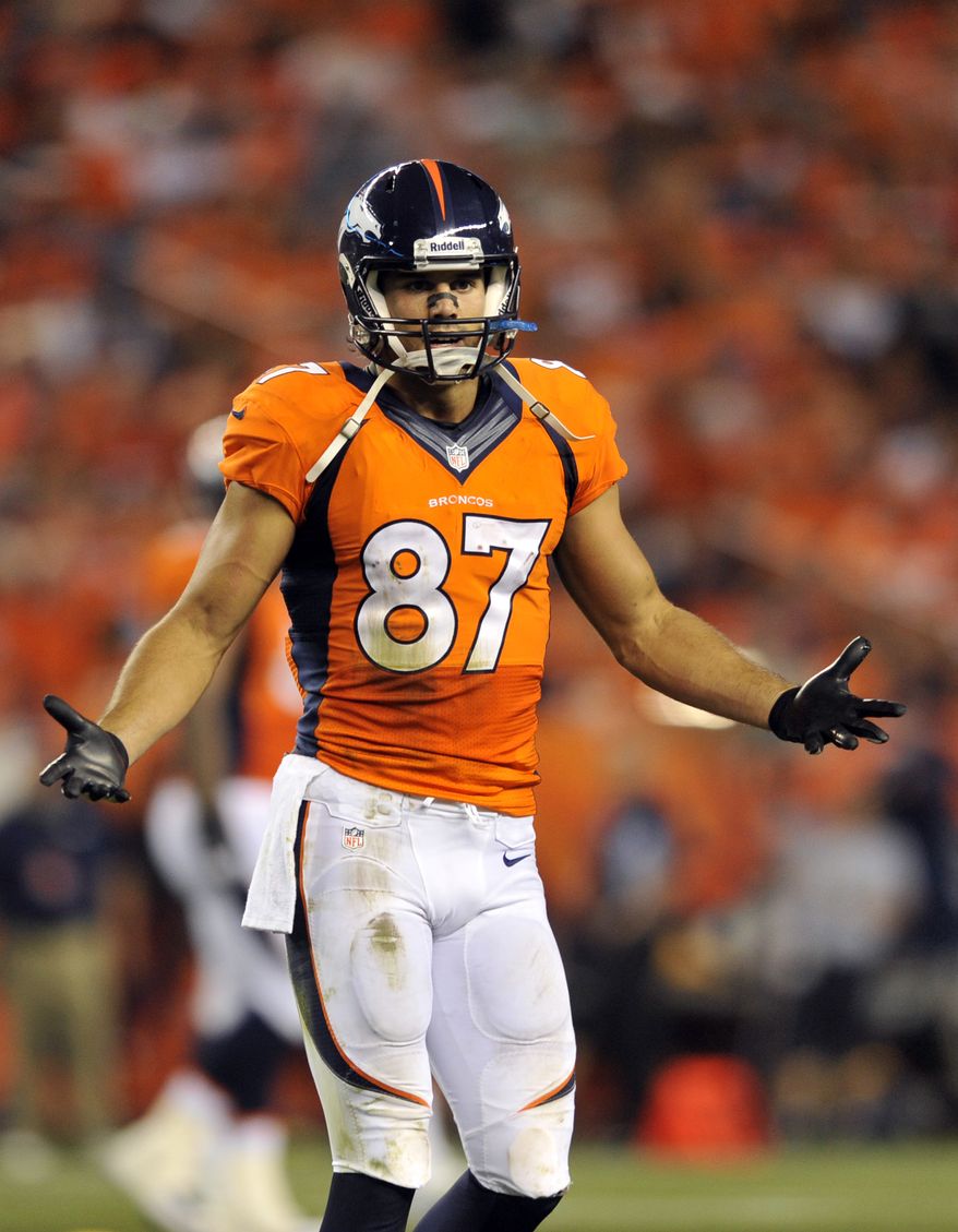 Denver Broncos wide receiver Eric Decker reacts against the Baltimore Ravens during an NFL football game, Thursday, Sept. 5, 2013, in Denver. (AP Photo/Jack Dempsey)