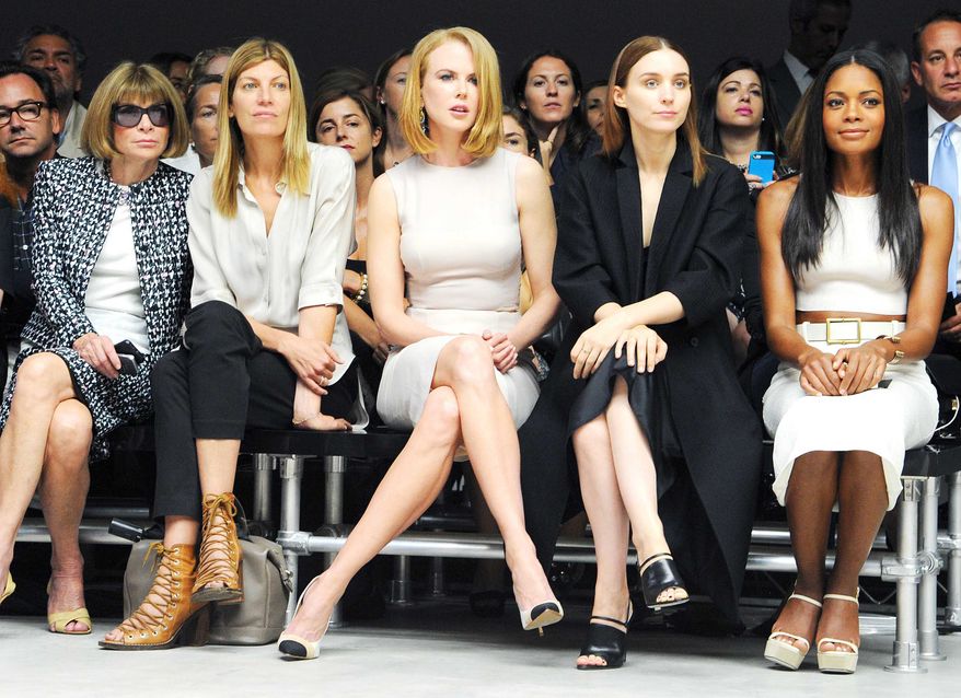 This image released by Calvin Klein Collection shows (from left) Anna Wintour, Virginia Smith, Nicole Kidman, Rooney Mara and Naomie Harris at a show for the designer's Spring 2014 collection during Fashion Week in New York on Sept. 12, 2013. (Associated Press/Calvin Klein Collection, Billy Farrell)