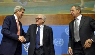 U.S. Secretary of State John Kerry, left, shakes hands with U.N. Joint Special Representative for Syria Lakhdar Brahimi, center, next to Russian Foreign Minister Sergei Lavrov, right, during a press conference after their meeting at the European headquarters of the United Nations in Geneva, Switzerland, Friday, Sept. 13, 2013.  (AP Photo/Keystone, Martial Trezzini)