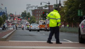 Swarms of police stand outside the Navy Yard as workers are evacuated from the area as police search for a gunman, in Washington, D.C., Monday, Sept. 16, 2013. (Andrew S. Geraci/The Washington Times) ** FILE **