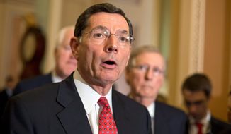 ** FILE ** Sen. John Barrasso, R-Wyo., and the Senate GOP leadership answer questions following a Republican strategy session on Capitol Hill in Washington, Tuesday, May 7, 2013. Senate Minority Leader Mitch McConnell, R-Ky., is at right. (AP Photo/J. Scott Applewhite)