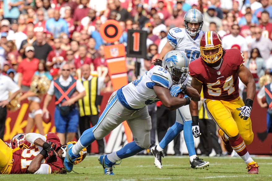 Detroit Lions running back Joique Bell (35) dives for a 12 yard touchdown in the first quarter as the Washington Redskins play the Detroit Lions in NFL football at FedExField, Landover, Md., Monday, September 9, 2013. (Andrew Harnik/The Washington Times)