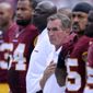 Washington Redskins head coach Mike Shanahan joins his team on the sidelines for the National Anthem before the Washington Redskins play the Detroit Lions at FedExField, Landover, Md., September 22, 2013. (Preston Keres/Special for The Washington Times)